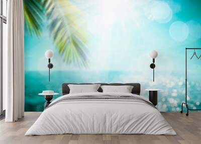 Blurred background of sea and green palm  Wall mural