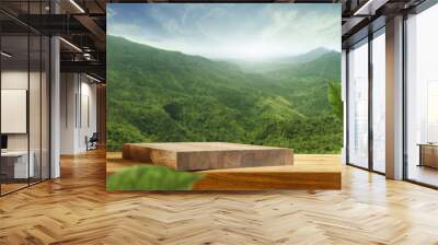 Desk of free space and green landscape of mountains.  Wall mural