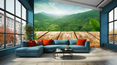 Desk of free space and landscape of mountains with free space for your composition.  Wall mural