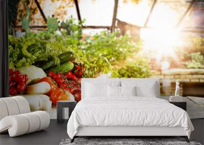 Desk of free space and spring vegetables  Wall mural