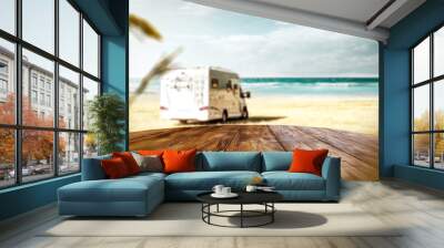 Desk of free space and summer beach background  Wall mural