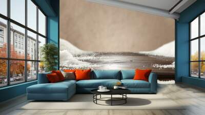 Desk of free space and winter background of snow  Wall mural