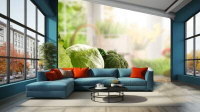 Desk of free space with vegetables and white spring window space  Wall mural