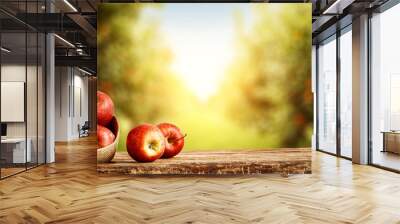 Fresh red apples and desk of free space for your decoration.  Wall mural