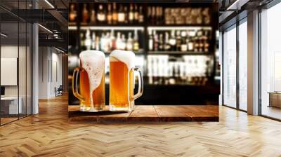 Glass of beer on wooden board and blurred bar background.Free space for your decoration.  Wall mural