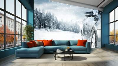 Gray winter car on road with snow.Free space for your decoration.Snowflakes and forest of frost.Cold december day.  Wall mural