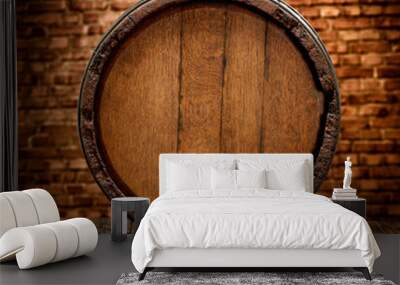 Old wooden barrel on table and free space for your decoration.  Wall mural