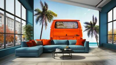 Orange summer car on beach and free space for your decoration.  Wall mural