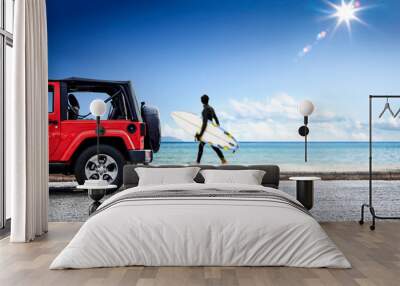 Red summer car and beach landscape. Free space for your decoration and summer time.  Wall mural