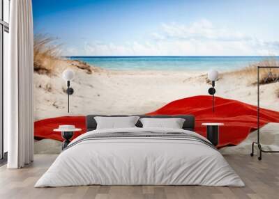 Red towel on beach and free space for your decoration.  Wall mural