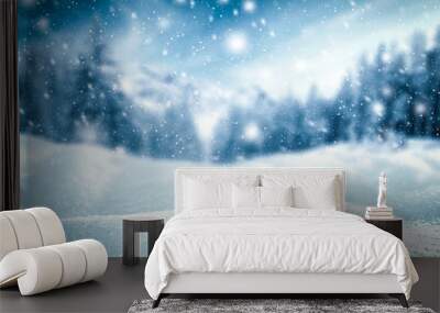 Snow on the background of the forest on Christmas evening with space for an advertising product    Wall mural