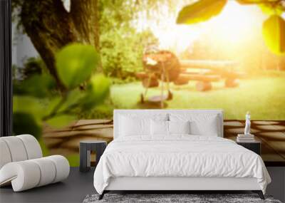 Spring sunny day and desk of free space cover of shadows.Copy space for your product and spring sun light.  Wall mural