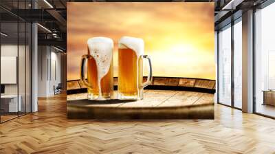 Summer beer on barrel and sunset time. Free space for your bottle  Wall mural