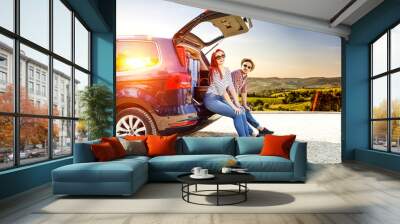 Summer car on road and two lovers  Wall mural