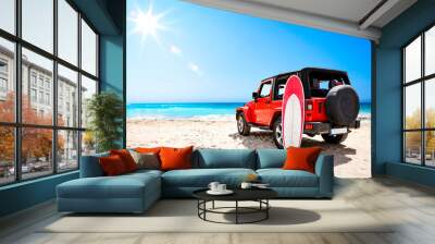 Summer red car on beach and sea landscape with blue sky and sun .  Wall mural