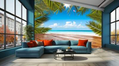 Table background with the beautiful ocean and beach view. Palm leaves frame. Blank space for a product. Wall mural