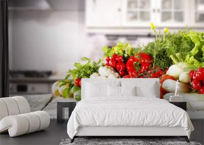 vegetables on wooden table in kitchen space  Wall mural