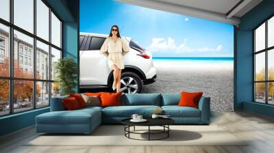 White summer car on beach and free space for your decoration.  Wall mural