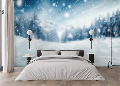 winter background of snow and frost with landscape of forest  Wall mural