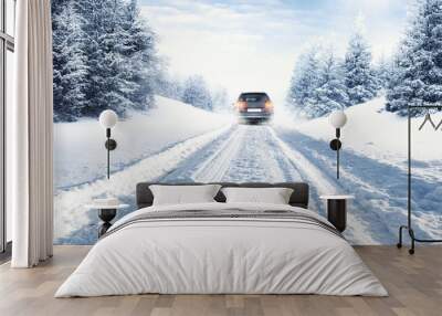 winter car and snow road  Wall mural