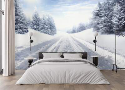 winter road and snow with frost  Wall mural