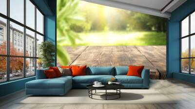 wooden desk and garden space  Wall mural