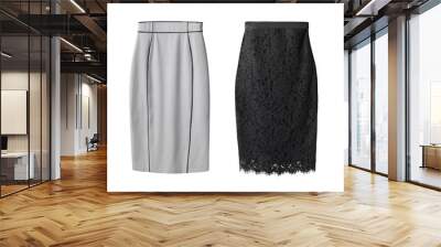 2 office pencil business skirt s with black lace and gray cotton isolated on white Wall mural