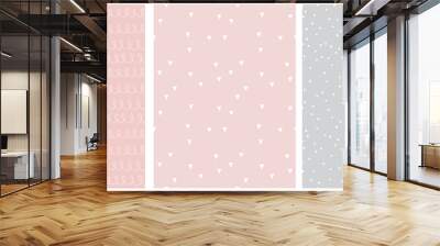 Abstract Hand Drawn Childish Style Seamless Vector Patterns. White Lines with Loops, Tiny Triangles and Little Polka Dots Isolated on a Various Pink and Light Gray Backgrounds.Simple Geometric Print. Wall mural