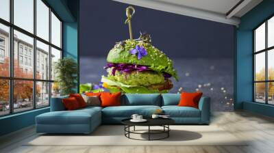 Avocado sandwich with green vegan burger,  roast yellow pepper and pickled red cabbage Wall mural