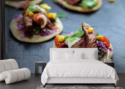 Beef steak tortillas with avocado, sweet corn, tomato salsa and red cabbage Wall mural