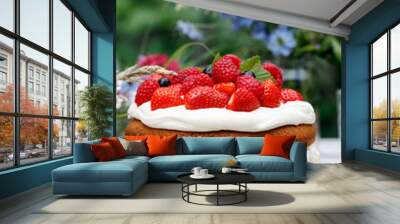 Scandinavian midsummer feast with strawberry cake Wall mural