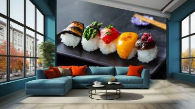 Vegan sushi with tomato, mushroom and aubergine Wall mural