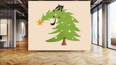 Christmas Vector Card. Black Cat Climbing a Green Christmas Tree. Spruce and Cat on a Beige Background. Hand Drawn Infantile Style Spruce Tree and Tiny Stars. Xmas Card. Winter Holidays Print.  Wall mural