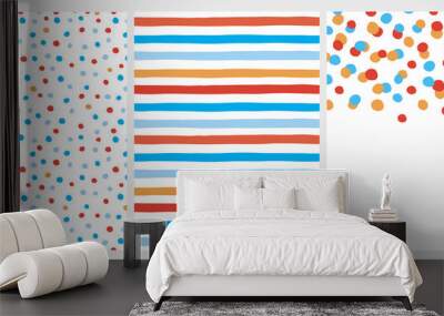 Cute Abstract Vector Patterns and Layout. Orange, Blue and Red Round Shape Falling Confetti. White Background. Red, Blue and Orange Dots and Stripes Design. Cute Infantile Style Patterns. Wall mural