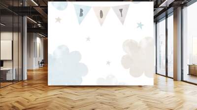 Cute Baby Shower Illustration with Fluffy Blue and Gray Clouds on a White Background. Party Garland with Handwritten Boy Letters.Lovely Nursery Art with Watercolor Clouds for Card, Invitation, Poster. Wall mural