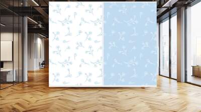 Cute Hand Drawn Floral Vector Patterns. Light Blue and White Floral Repeatable Design for Fabric, Wrapping Paper, Cover, Printining. Pastel Blue and White Background.  Wall mural