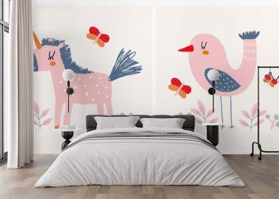 Cute Hand Drawn Nursery Vector Illustration with Funny Pink Unicorn and Dreamy Bird on a Cream Background ideal for Card, Poster, Wall Art. Lovely Childish Style Art for Kids Room Decoration. Wall mural