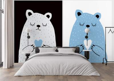 Cute Hand Drawn Vector Illustration with Bear Holding Heart. Sweet Nursery Art for Card, Invitation, Father's or Mother's Day. Big White Polar Bear on a Black Background. Blue Teddy Bear on a White. Wall mural