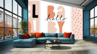 Cute Nursery Vector Art with Handwritten Hello and Hello Baby  ideal for Card, Wall Art, Poster, Baby Shower Decoration. Funny Abstract Seamless Pattern with Irregular Dots on a Blush Pink Background. Wall mural