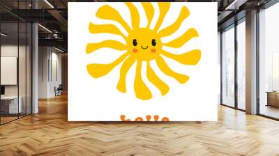 Cute Nursery Vector Illustration with Smiling Yellow Sun and  Orange Hello on a White Background. Retro Groovy Drawing Style Cartoon ideal for Wall Art, Poster, Card. Happy Sun with Wavy Rays. Wall mural