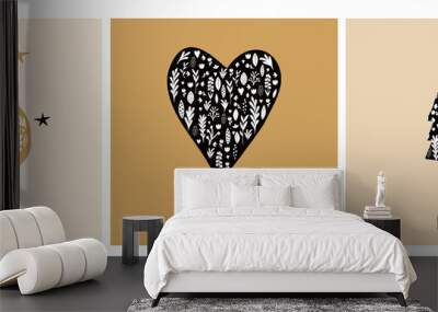 Feliz Navidad - Merry Christmas.Spanish Christmas Vector Illustrations with Gold and Black Floral Bauble, Heart and Christmas Tree Isolated on a Gold Background.  Wall mural