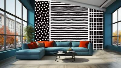 Hand Drawn Childish Style Vector Pattern Set. White Horizontal Stripes on a Black Background. White Grid On a Back Layout. White Polka Dots on a Black. Cute Simple Geometric Design. Wall mural