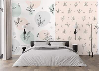 Hand Drawn Floral Seamless Vector Patterns. Black Sketched Olive Leaves and Twigs Isolated on a Light Pink and White Dotted Backgrounds.  Wall mural