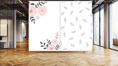 Lovely Pink Bouquet Vector Card and Floral Pattern. Pink Abstract Flowers Gray Twigs and Leaves. Infantile Style  Design. White Background. Funny Floral Art Set. Wall mural