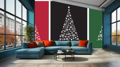 Merry Christmas-Feliz Navidad, Spanish Christmas Vector Card.White Christmas Tree on a Red, Black and Green Background. Christmas Illustration in 3 Different Colors.Tree Made of Star, Heart, Snowflake Wall mural