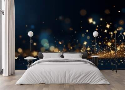 New year, Christmas background with gold stars and sparkling. Abstract background with Dark blue and gold particle. Christmas Golden light shine particles bokeh on navy background. Gold foil texture Wall mural