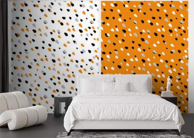 Set of 2 Abstract Seamless Vector Patterns with Hand Drawn Irregular Dots on a White and Orange Background. Black, Gray, White and Orange Geometric Dotted Design. Funny Repeatable Party Layouts.  Wall mural