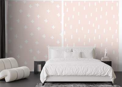 Set of 2 Cute Abstract Vector Patterns. White Stripes and Cross Sign on a Light Pink Background. Simple Hand Drawn Geometric Design. Funny Infantile Style Layouts. Pastel Colors Art. Wall mural