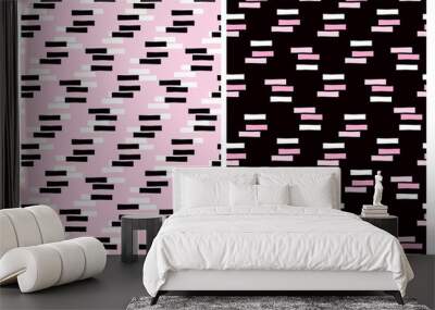 Set of 2 Geometric Seamless Vector Pattern with White and Pink Stripes Isolated on a Black Background. White and Black Lines on a Light Pink Layout. Simple Abstract Repeatable Print. Wall mural