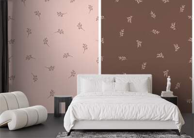 Simple Hand Drawn Seamless Vector Pattern with Twigs and Leaves Isoalted on a Light Dusty Pink and Chocolate Brown Background. Minimalist Irregular Floral Endless Print. Set of 2 Botanic Patterns. Wall mural